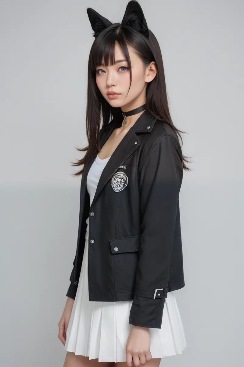 score_9,score_8_up,score_7_up, 20 years old, 8k, hd, beautiful girl, asian,1girl, animal ears, bangs, black choker, black jacket, choker, grey background, grey eyes, jacket, lips, long hair, long sleeves, looking at viewer, pleated skirt, realistic, skirt, solo, standing, white skirt, (fuller lips:0.8), beauty mark,half body,