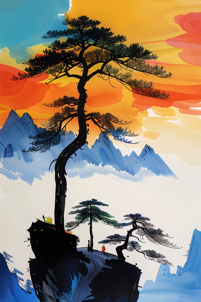 masterpiece,best quality,colorful inkpainting, Huashan Mountain, mountain, tree, scenery, outdoors, solo, water <lora:colorful-inkpainting-000016:0.8>,