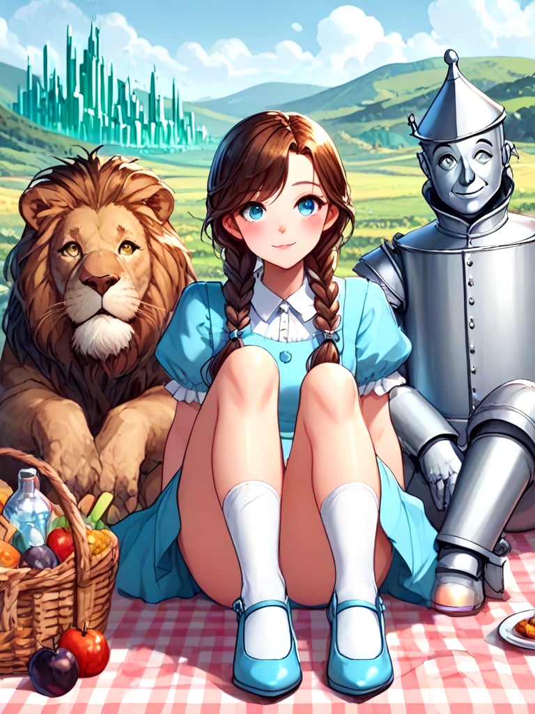 source_anime, oz, dorothy gale, brown hair, blue dress, miniskirt, silver shoes, cowardly lion, black toto, the scarecrow, tin man, looking at viewer, full body, upper body, close-up, emerald city in distance, sitting on ground, picnic, food, rainbow, <lora:girllikewizardofoz_pony:1>