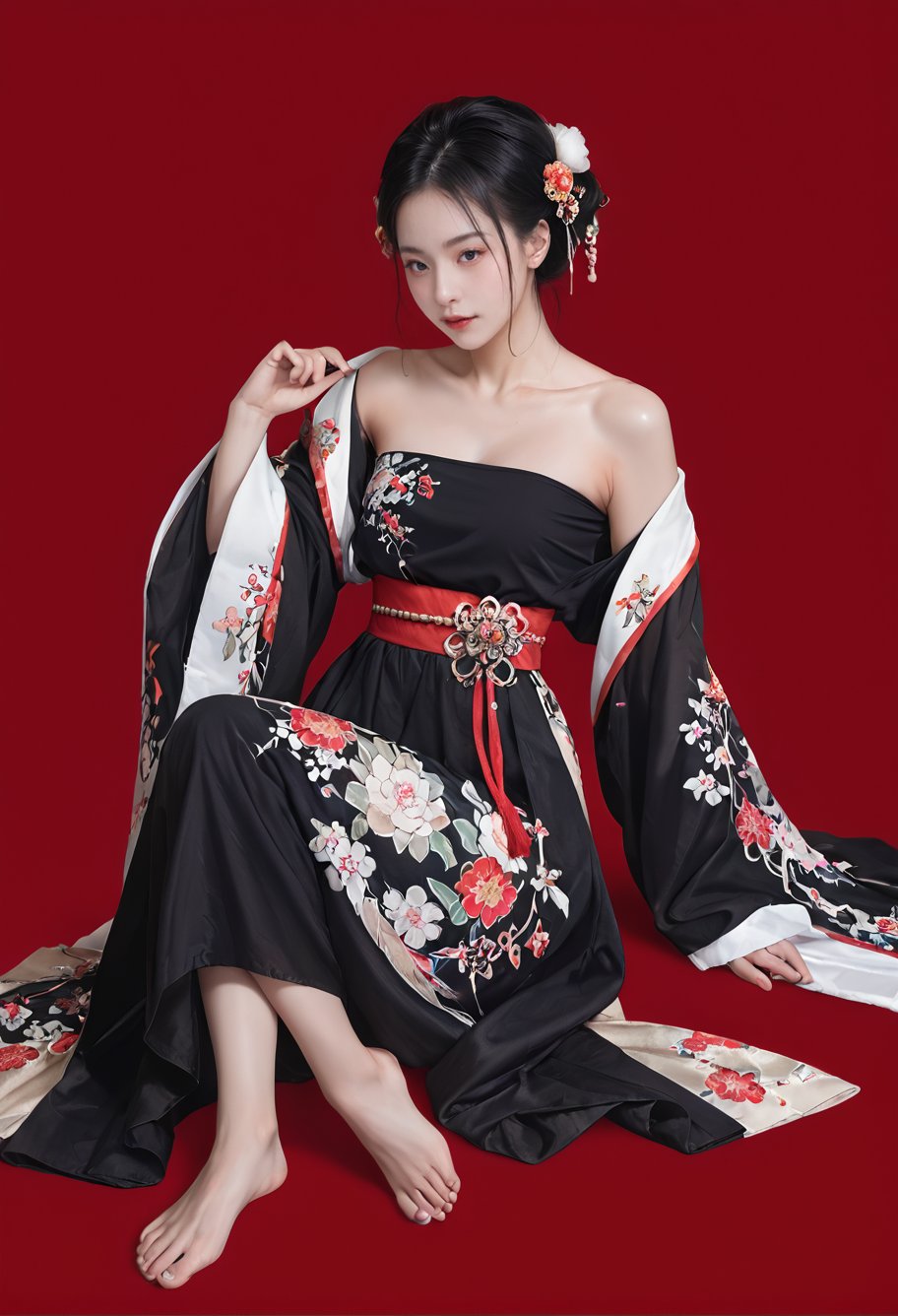 red background,1girl,solo,,ruanyi0766,floral print,hanfu,jewelry,off shoulder,wide sleeves,barefoot,strapless,black dress,<lora:0766 Northern and Southern Dynasties Hanfu_v1_pony:1>, score_9,score_8_up,score_7_up,,8k,1girl,solo,