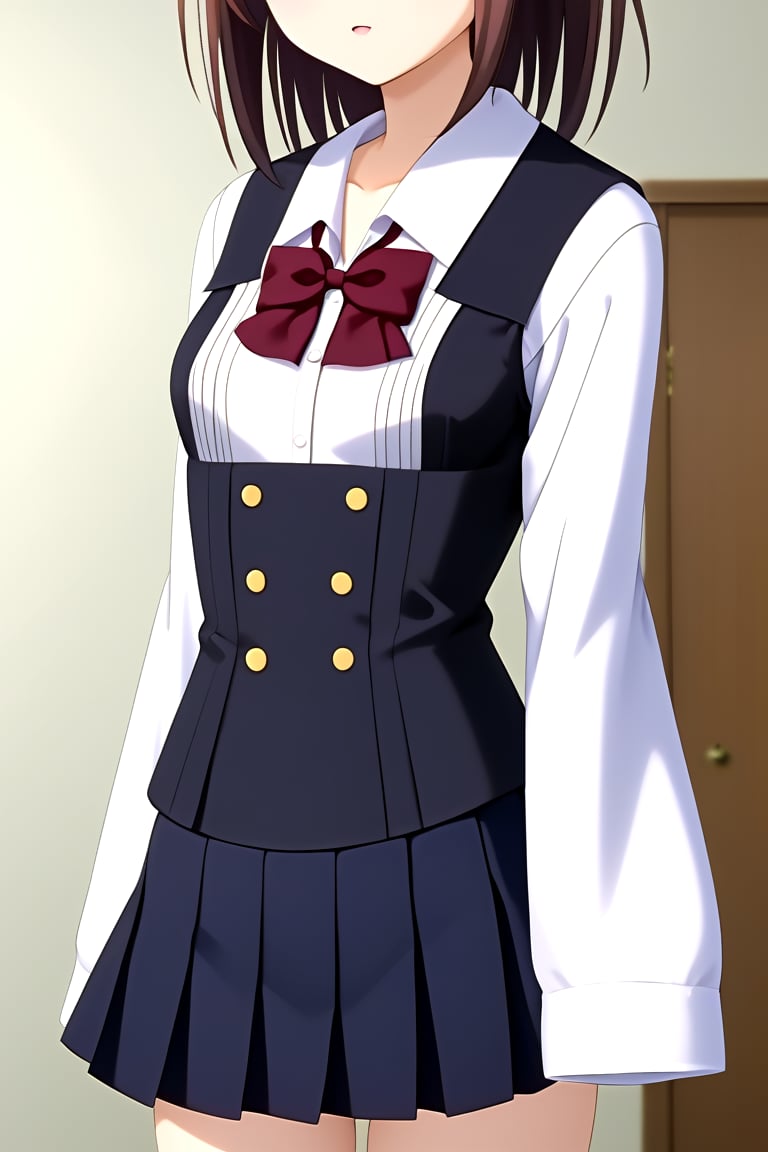 Highly detailed, High Quality, masterpiece, beautiful, 1girl, solo, school uniform, ((shirt, shirt sleeves:1.8)), long sleeves, white sleeves, arms at sides, (black vest, vest), pleated skirt, ((black skirt, waist-length skirt:1.2)), thighhighs, black thighhighs, zettai ryouiki, front_view.<lora:EMS-419248-EMS:1.000000>