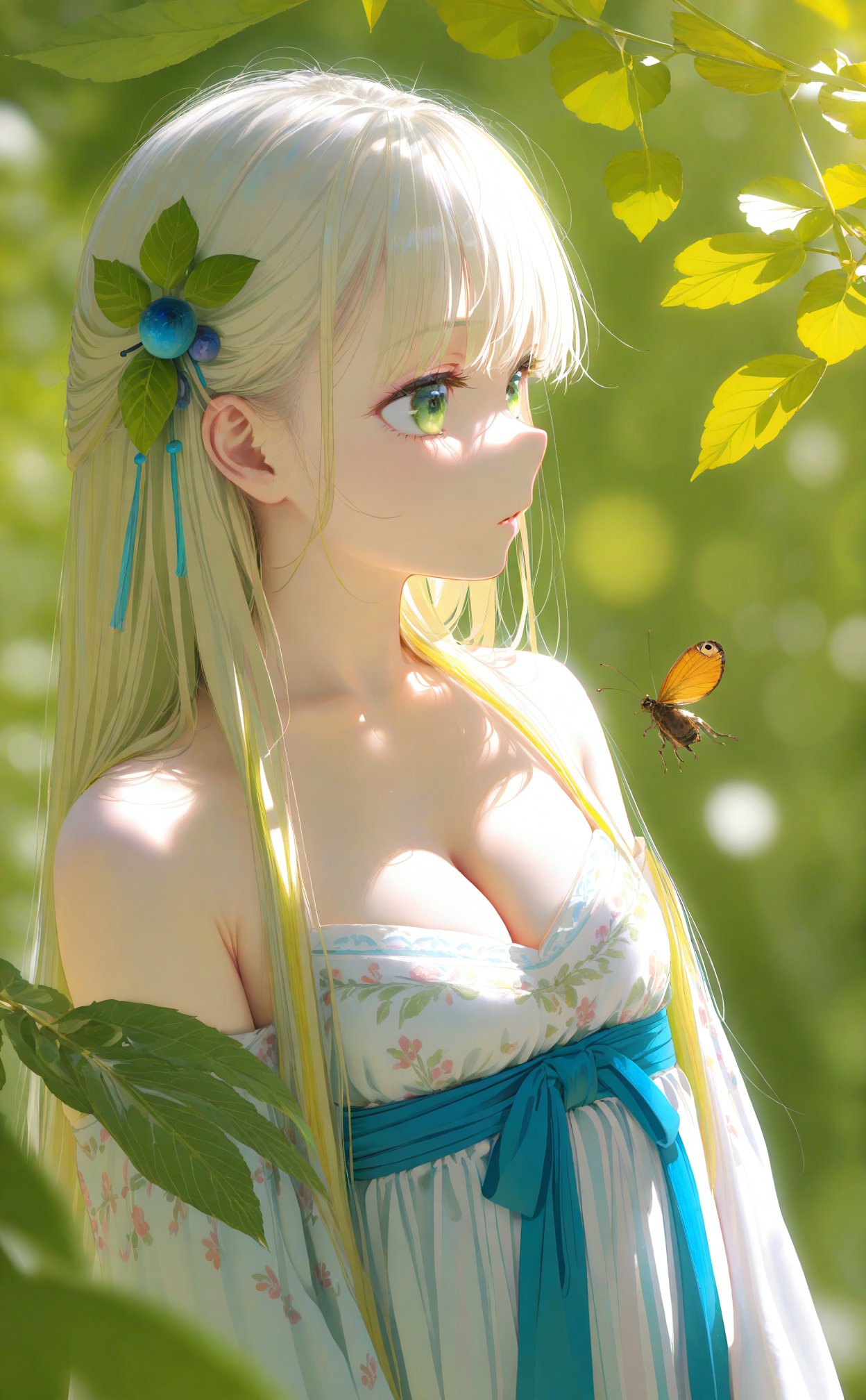 (masterpiece),(best quality),illustration,ultra detailed,hdr,Depth of field,(colorful),loli,1girl,solo,long hair,green eyes,blonde hair,hair ornament,bare shoulders,hanfu,breasts,dress,chinese clothes,white hair,upper body,leaf,bug,cleavage,white dress,