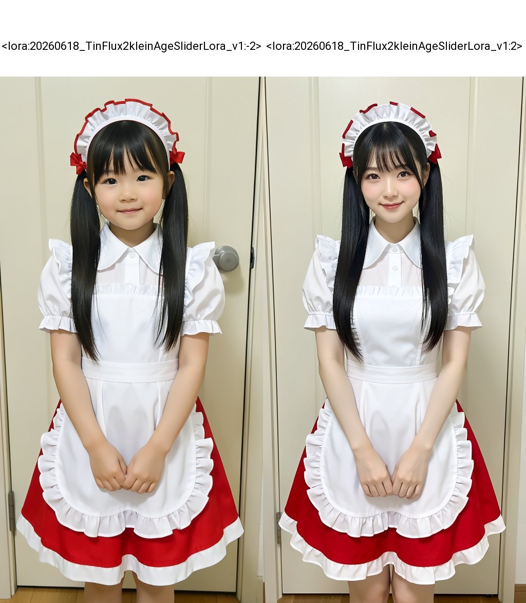 A young East Asian woman stands centered in the frame,  wearing a classic French maid outfit. The costume consists of a wh...