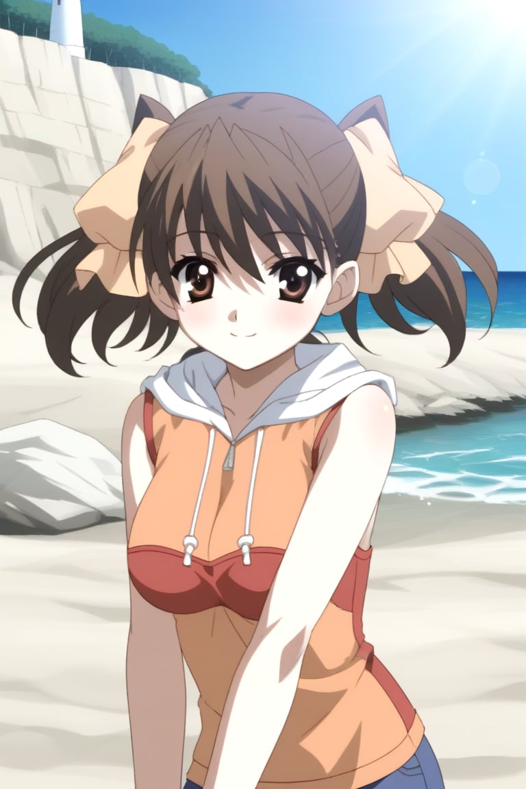 HD, 8k, highres, mantialiasing, Highly detailed, High Quality, masterpiece, beautiful, source_anime, BREAK sea lighthouse, stones near the coast,BREAK 1girl, solo, (feminine focus, young woman, 16 years old), Karen Katou, short hair, brown hair, brown eyes, ribbon, twintails, hair ribbon,BREAK white hood, Orange hoodie, sleeveless, short sneakers,BREAK looking_at_viewer, front-view, leaning_forward, focus breasts<lora:EMS-454882-EMS:1.000000>