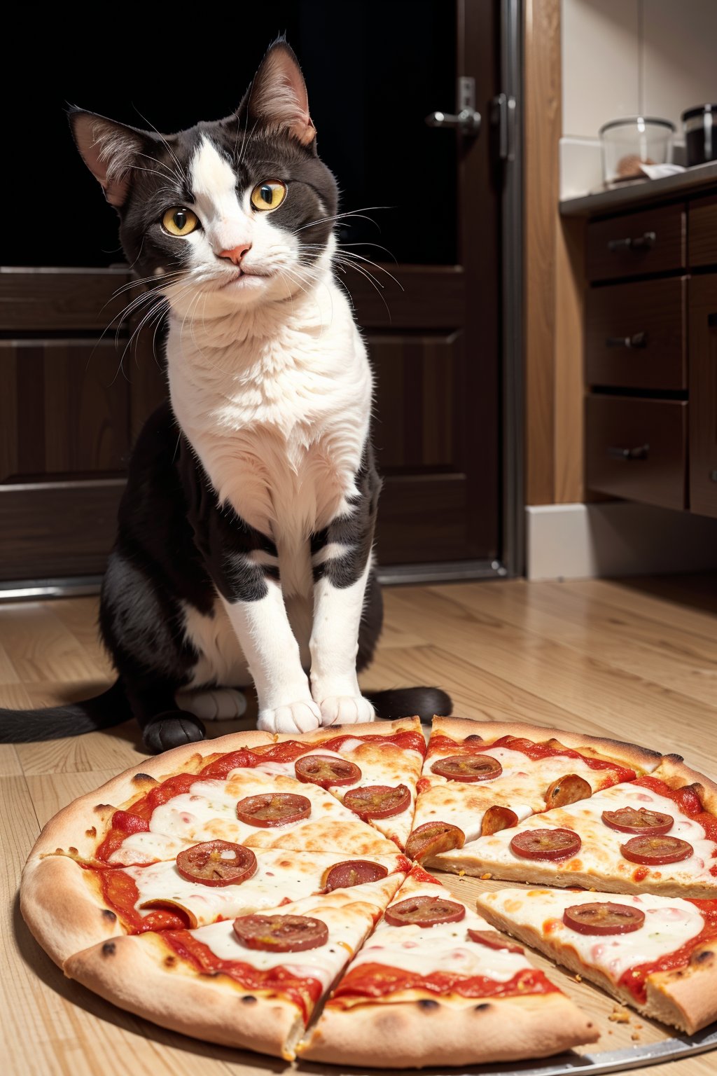 A sad cat trying to reach for a slice of pizza