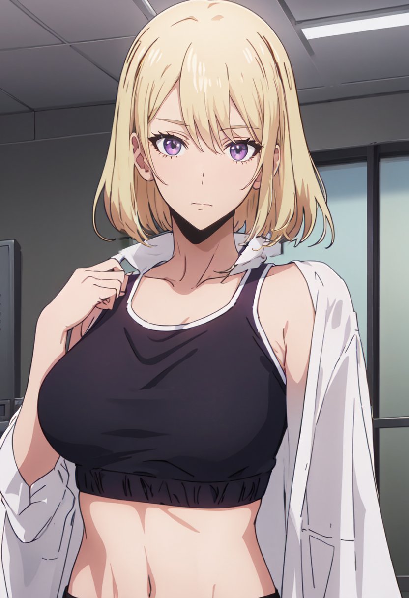 best quality, masterpiece, highres, solo, (cha_hae_in_sololeveling:1.10), 1girl, closed mouth, upper body, collarbone, looking at viewer, indoors, midriff, navel, sports bra, white shirt, anime_style, 0 <lora:cha_hae_in_sololeveling:0.80>