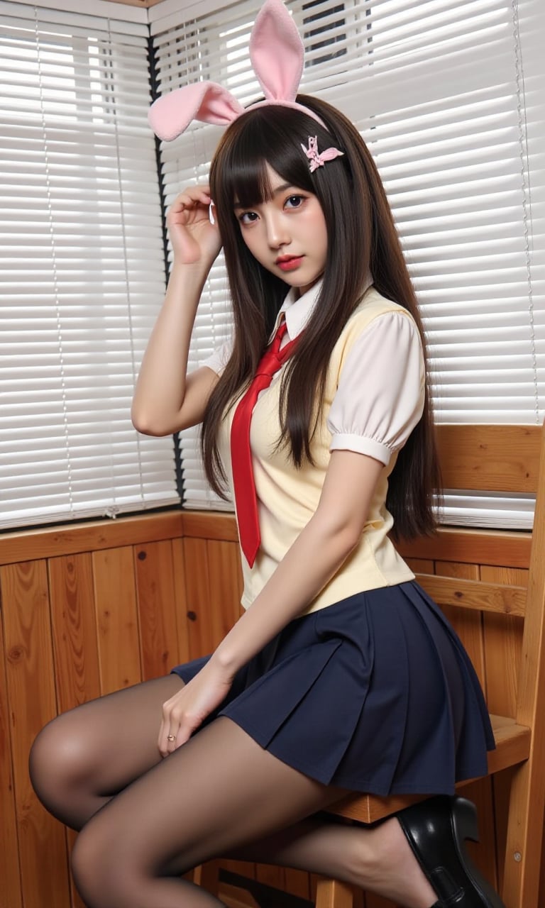 This is a clear and high-resolution anime-style image. In the picture, there is a female wearing a yellow sleeveless top, white short-sleeved shirt, red tie, and a deep blue pleated skirt. She is wearing black leather shoes and black stockings, with black hair that falls in long locks. She is wearing a pink bunny ear hair clip and has her right hand resting on her hair, while her left hand is resting on her leg, with her legs slightly bent as she sits on a wooden chair. Her eyes are looking to the left of the camera, and she appears to be in her twenties with a slim figure and a calm expression. The background features a window with white blinds and a wooden wall. 