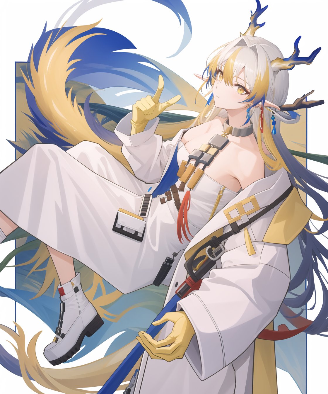 <lora:方舟黍:1:lbw=char>,1girl,shu(/arknights),horns,high quality,long sleeves,white dress,yellow gloves,white coat,dragon tail,tail,jewelry,solo,, (masterpiece,best quality:1.2),absurdres, high quality,