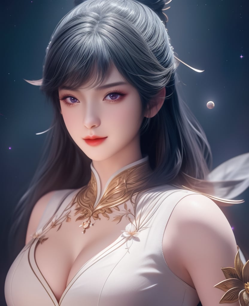 <lora:斗罗大陆-唐舞桐-海神缘:0.8> (,1girl, ,best quality, ),looking at viewer,  ,,ultra detailed background,ultra detailed background,ultra realistic 8k cg, ,masterpiece, (( , )),, realistic,science fiction,mole, ultra realistic 8k cg, ,     ,crescent moon, jasmine \(flower\),     (cleavage), (),