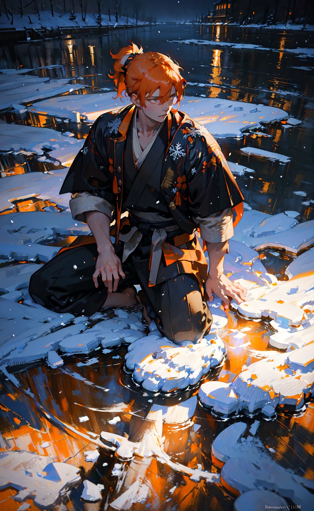 oil painting, Dean Cornwell, masterpiece, best quality, 1boy, samurai, short orange hair, ponytail, winter, snow, snowing, snowflakes, volumetric lighting, rim lighting