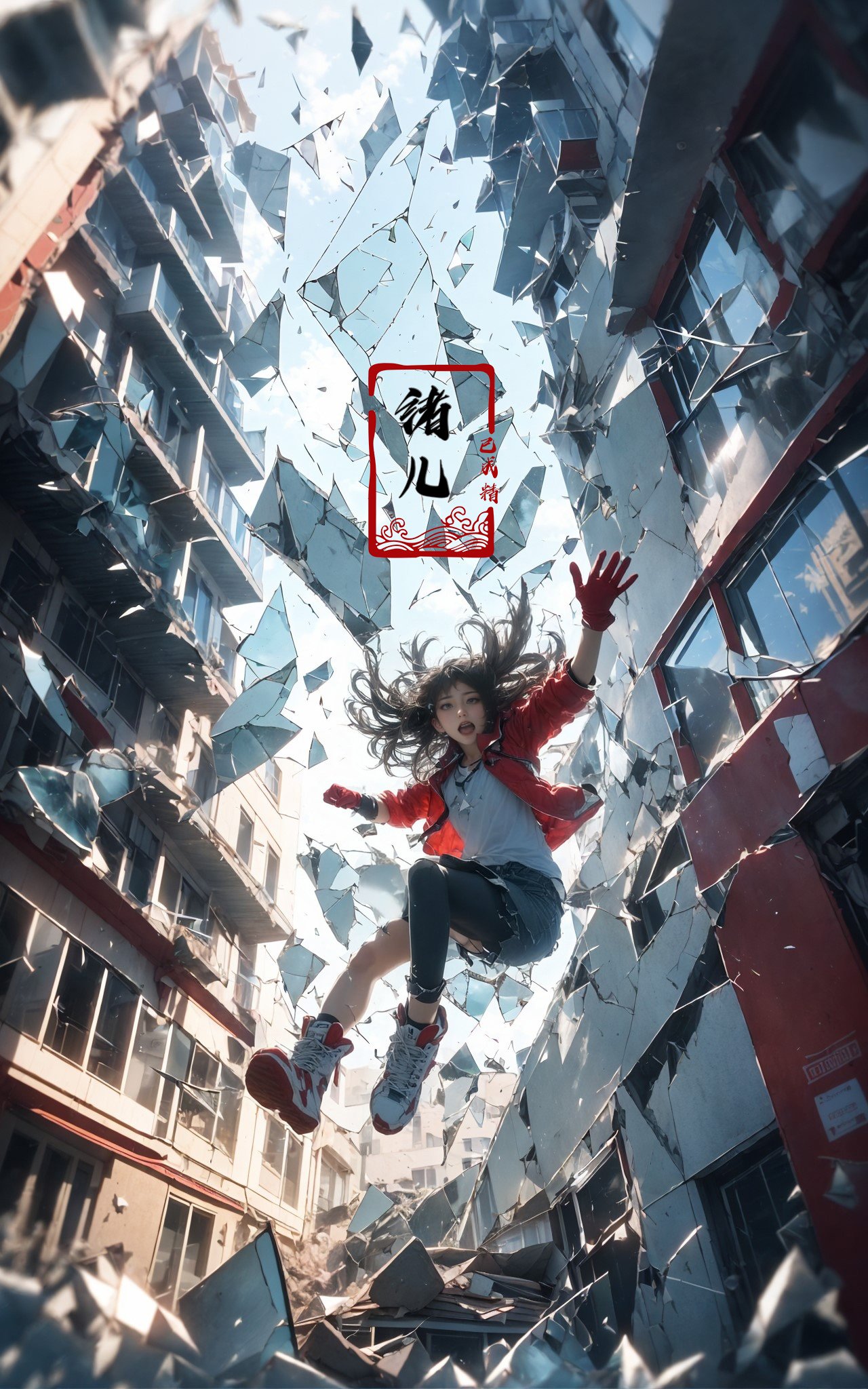 jumping，midair, (1girl, solo:1.2), open mouth, outdoors, building, (broken glass:1.5), shoes, (red gloves:1.3),Glow, reflective glass, light pollution，<lora:绪儿-跳跃构图 jumping:0.8>