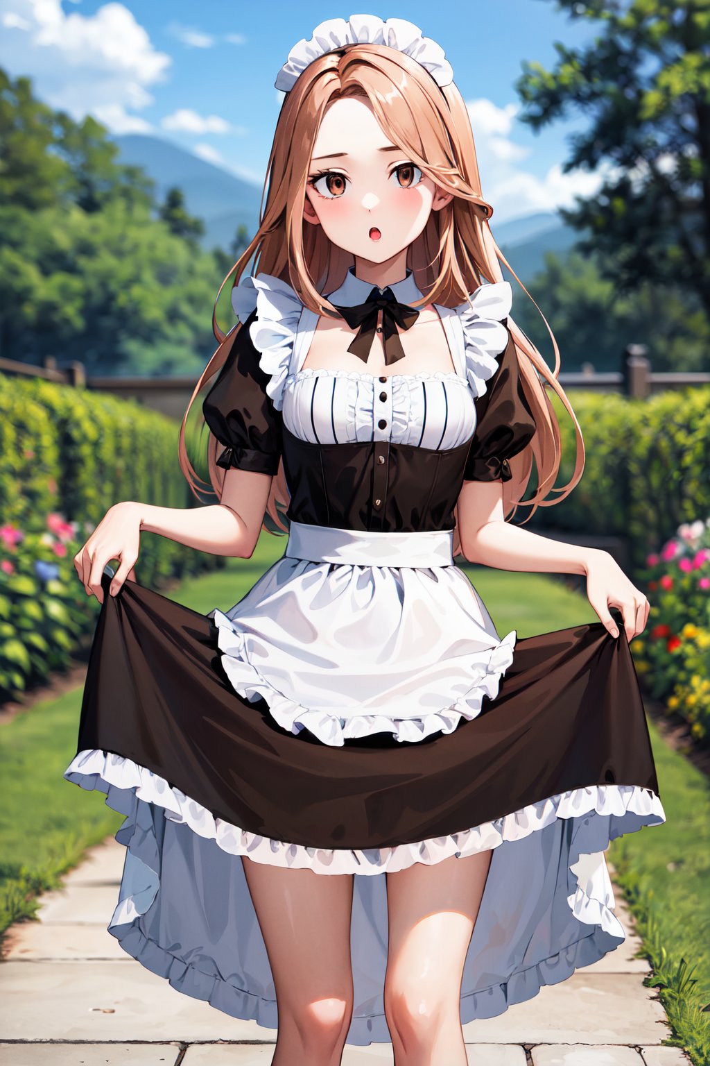 masterpiece, best quality, highres, 1girl, solo, long hair, brown hair, brown eyes, <lora:shiba_yuzuha_v1:0.7>, maid, maid headdress, garden, skirt hold, :o, standing