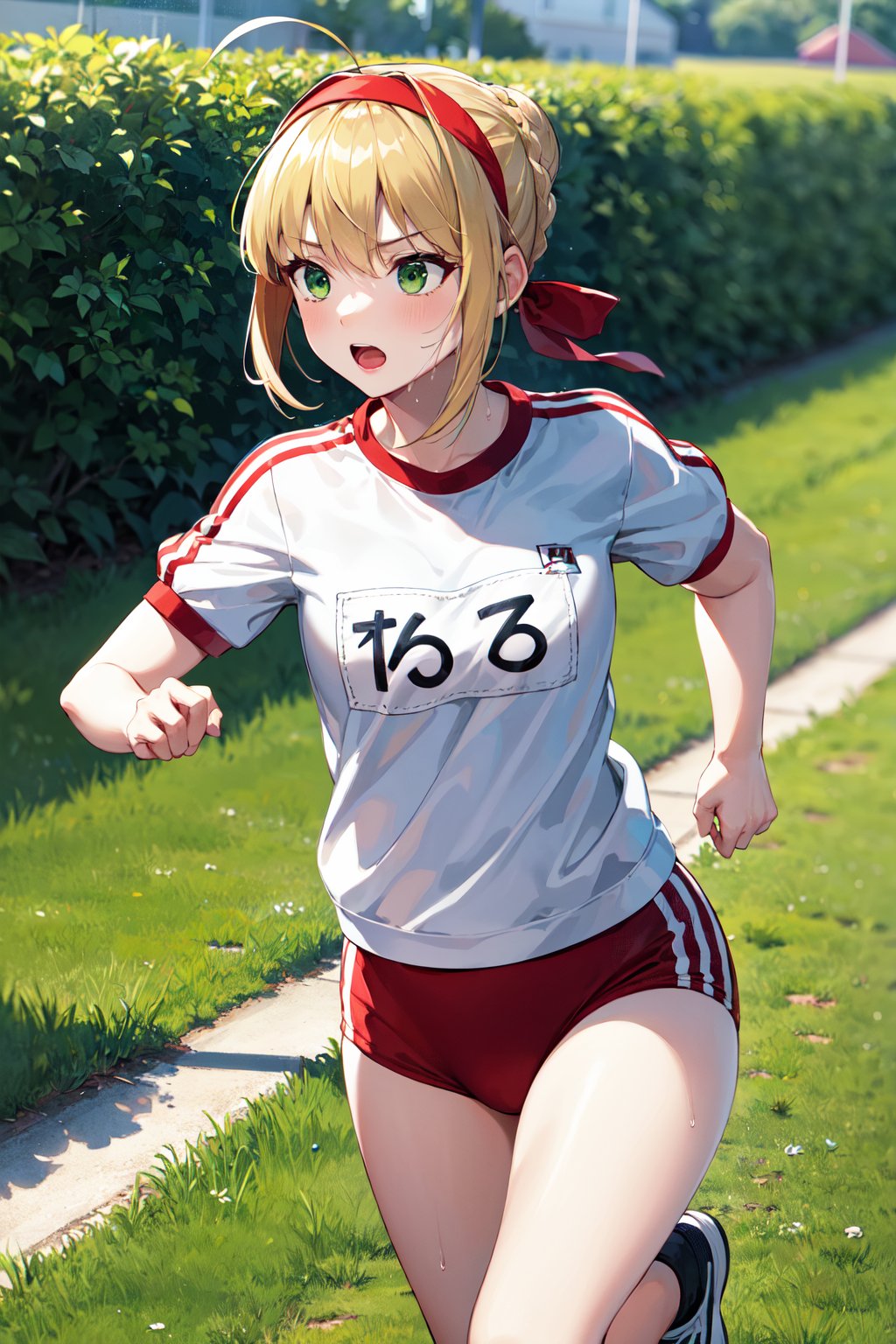 masterpiece, best quality, highres, aanero, ahoge, braid, single hair bun, red headband, green eyes, medium breasts, collarbone, gym uniform, white shirt, short sleeves, name tag, (red buruma:1.2), bare legs, <lora:nero_claudius_(fate)_v1:0.7>, (running:1.2), grass, track sweat