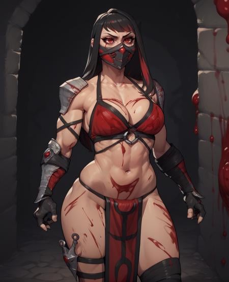 score_9,score_8_up,score_7_up,score_6_up,Skarletxl,red eyes,black hair,multicolored hair,mask,long hair,shouler pads,bikini,cleavage,skimpy,midriff,shoulder pads,pelvic curtain,gauntlets,bandages,bare shoulders,fingerless gloves,thigh strap,standing,navel,toned,collarbone,dungeon,blood on clothes, skindentation, motion lines,   dungeon, blood on walls, <lora:Skarlet:0.9>,