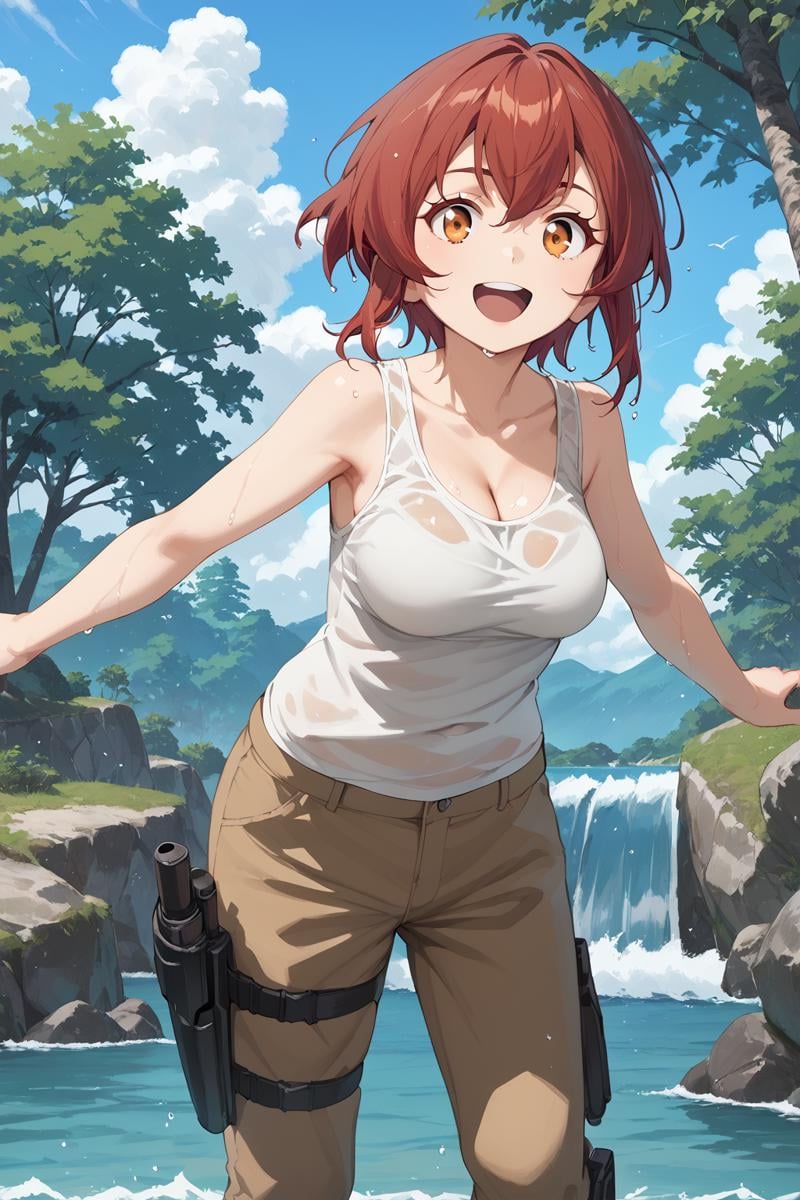 score_9, score_8_up, score_7_up, score_6_up, score_ANIME,  1girl,  ,  kurenakukumila, 1girl, solo,, outdoors, water, short hair, tank top, cleavage, red hair, open mouth, tree, sleeveless, brown eyelashes, sidelocks, day, holster, brown pants, wet, orange eyes, sky, medium breasts, cloud, standing <lora:kurenakukumila_pony3:1> smile, (looking at viewer:0.5), 