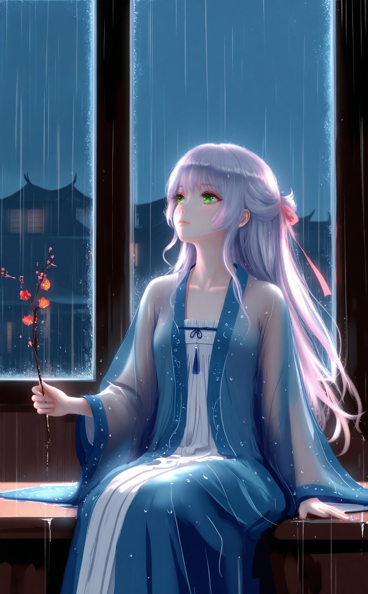 (masterpiece),(best quality),illustration,ultra detailed,hdr,Depth of field,(colorful),loli,[Artist:wlop],[[Artist:sheya]],Artist:hiten_(hitenkei),mmd,hanfu,1girl,loli,solo,green eyes,chinese clothes,rain,flower,window,night,wide sleeves,ribbon,long sleeves,grey hair,long hair,hair ribbon,indoors,branch,collarbone,looking up,holding,sitting,closed mouth,