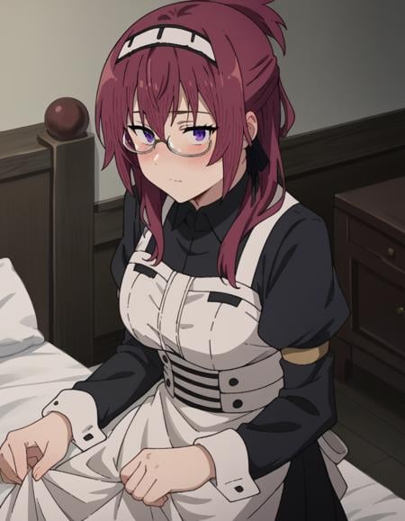 score_9, score_8_up, score_7_up, source_anime,lilyagreyrat, <lora:lilya-greyrat-s1-ponyxl-lora-nochekaiser:1>,lilya greyrat, purple eyes, red hair, glasses,long sleeves, dress, pantyhose, apron, maid, maid headdress, maid apron,indoors, bed, bed room, on side, blush, drunk,looking at viewer, dutch angle, cowboy shot,