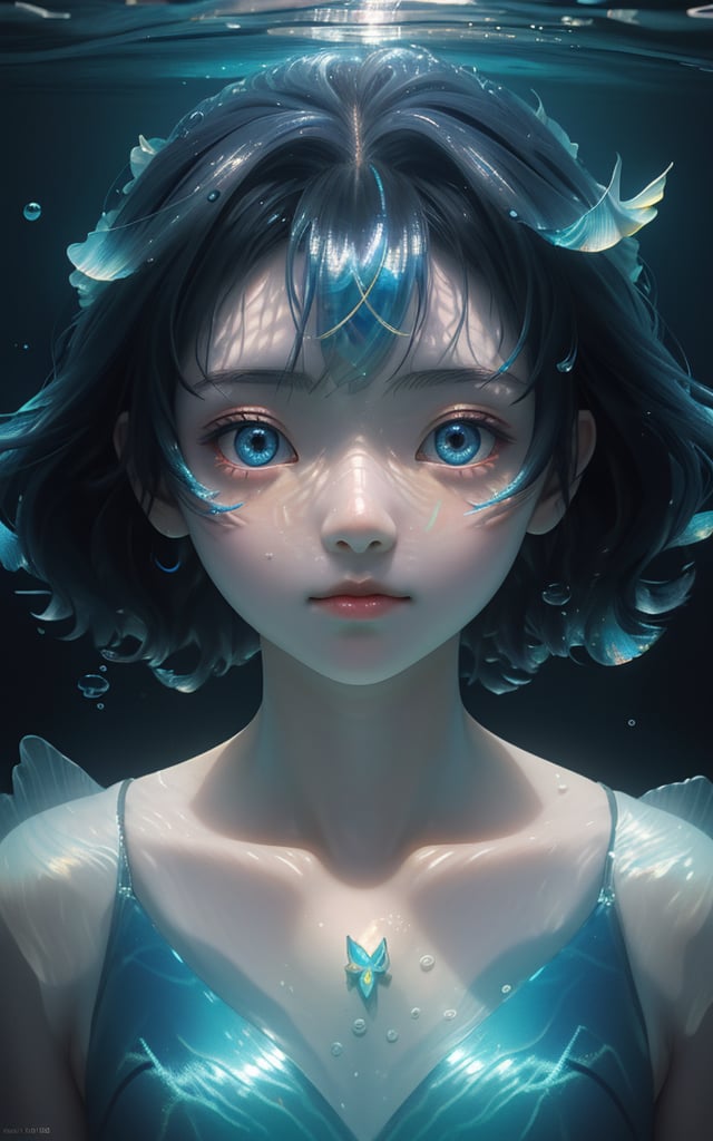 anime,girl swims underwater,hyper detailed render style,glow,yellow,blue,brush,surreal oil painting,shiny eyes,head closeup,exaggerated perspective,tyndall effect,water drops,mother of pearl iridescence,holographic white,black background,