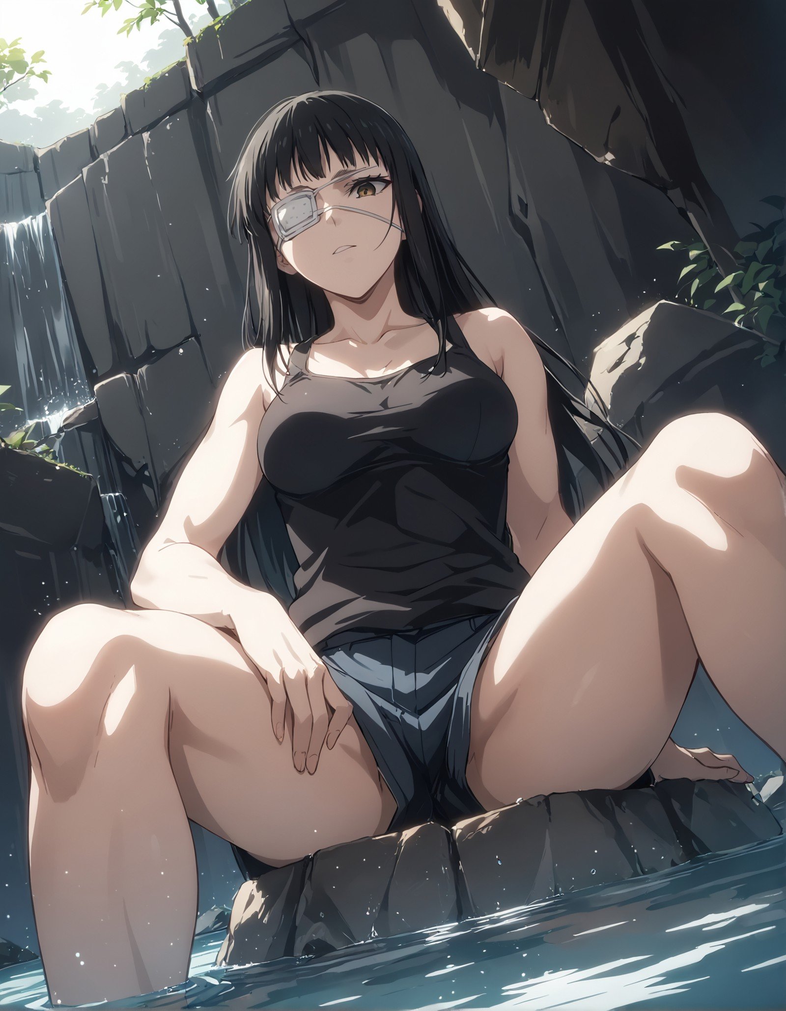 score_9, score_8_up, score_7_up,score_6_up,high resolution,source_anime,s0fiavalm3t,1girl,eyepatch,black hair,long hair,,water,rocks,volumetric lighting,rim lighting,dof,dramatic shadow,close-up,dynamic pose,looking at viewer,pov,sitting,from below