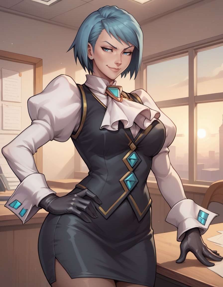 score_9, score_8_up, score_7_up,     1girl, solo,large breasts,fvonkarmadg,short hair, blue hair, blue eyes, makeup,miniskirt, puffy sleeves, pencil skirt, gloves,ascot, black vest,hand on own hip, half-closed eyes, closed mouth, smile,indoors,  office, sunset, <lora:FvonKarmaDG PXL v01-000002:1>