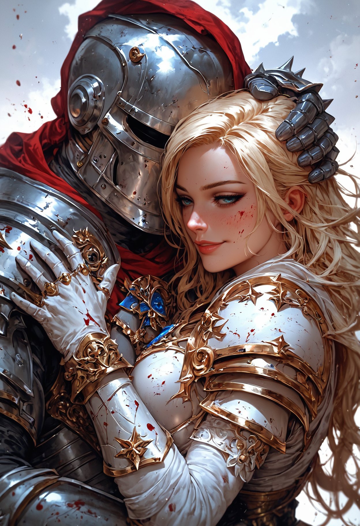 (score_9, score_8_up), score_7_up, young woman in white dress with blonde hair smiling and hugging a male knight with rusty and bloodied full armor, (masterpiece:1.2), (best quality:1.2), (very aesthetic:1.2), (absurdres:1.2), newest, 1girl, 1boy, gloomy, full armor, helmet, rust, blood, bloodied armor, dirty armor, blonde hair, half closed eyes, facing viewer, (upper body, close-up), white sky <lora:MythP0rtr4itStyle:0.9>, mythp0rt