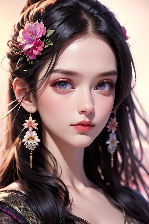 1girl, solo, jewelry, earrings, long hair, portrait, brown hair, hair ornament, looking at viewer, flower, purple eyes, realistic, lips, eyelashes, hand up, hair flower, flower earrings <lora:仙侠-000009:1>, ray tracing, (best quality), ((masterpiece)), (highres), original, extremely detailed 8K wallpaper, (an extremely delicate and beautiful), incredibly_absurdres, colorful, intricate detail, artbook, <lora:仙侠:0.8>