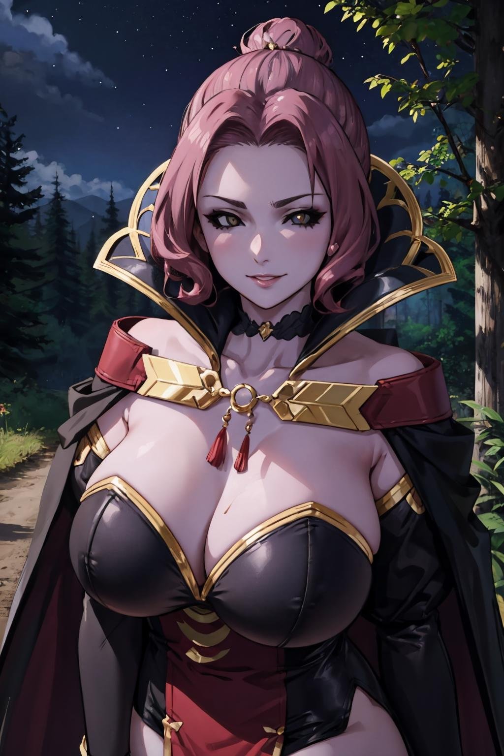 masterpiece, best quality, <lora:sovwitches-nvwls-v1-000009:0.8> marla, hair bun, sidelocks, purple skin, cape, black dress, puffy sleeves, cleavage, purple gloves, pelvic curtain, black thighhighs, black sclera, white eyes, huge breasts, upper body, furrowed brow, smile, night sky, forest, looking at viewer  <lora:coloredSclera-000010:0.5>