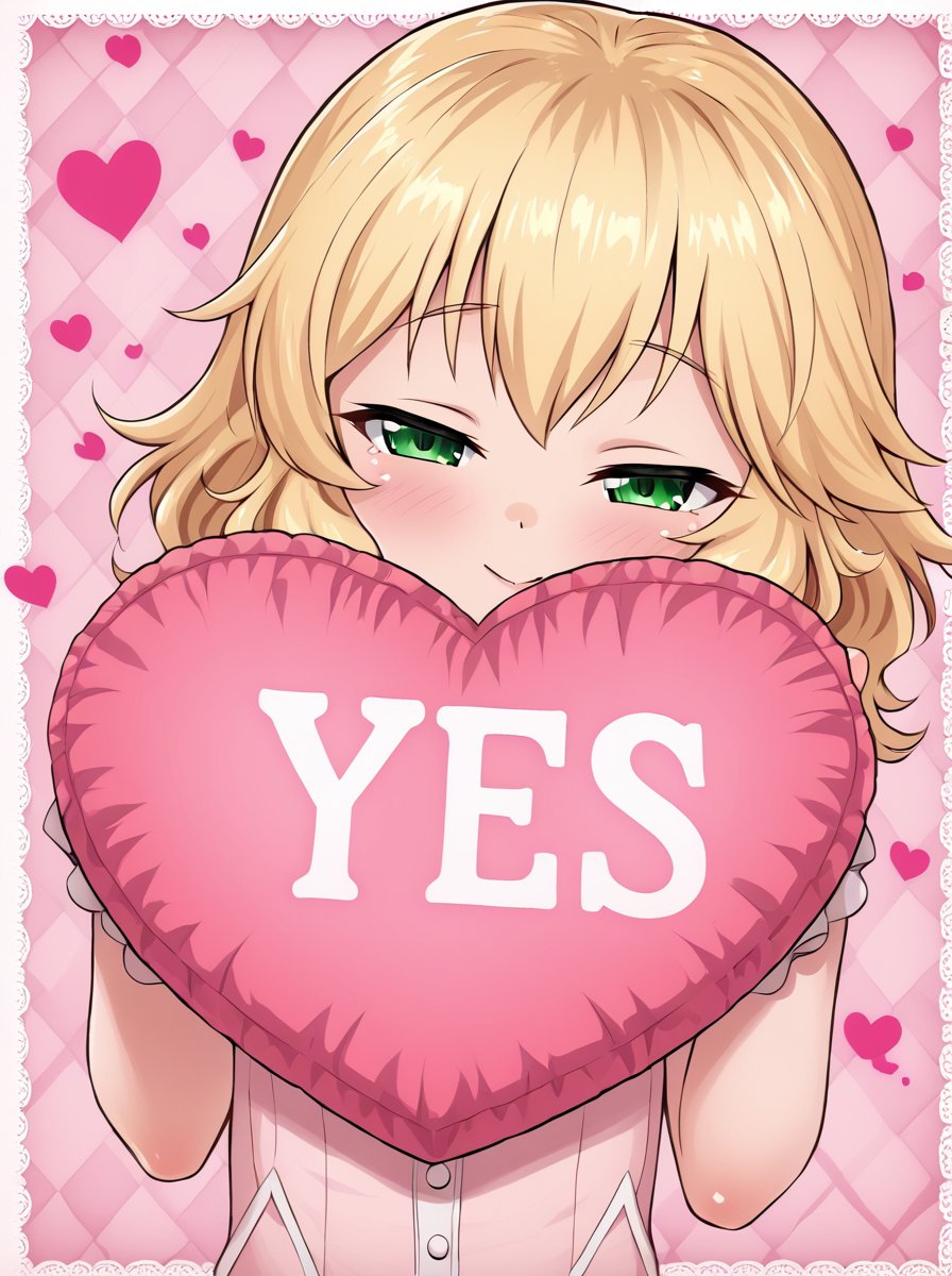 detailed background, shiny skin, <lora:momoka.pony:1.0>,momoka, half-closed eyes, looking at viewer, pink heart shaped pillow with sign, "yes" , clothed girl,  dress, 