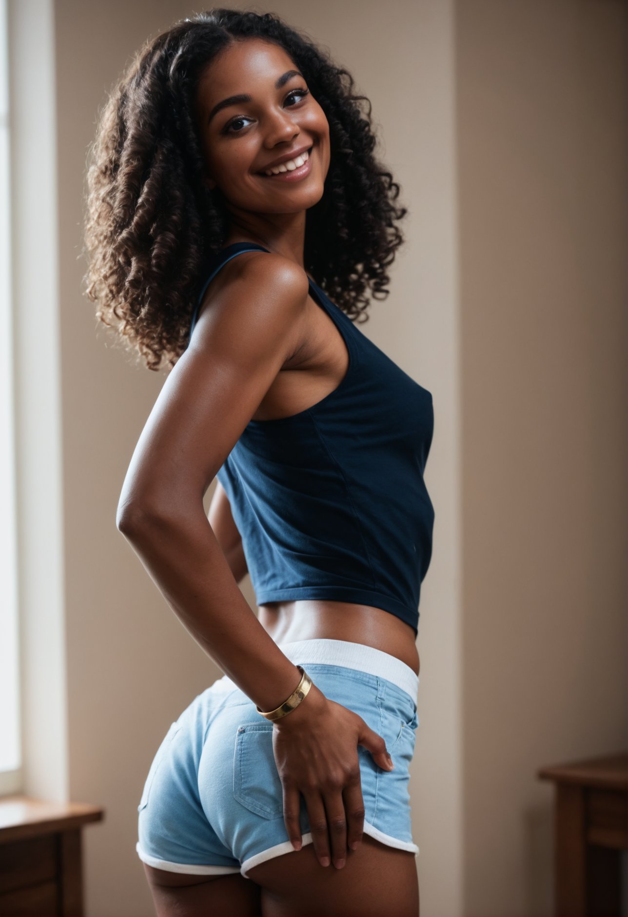 score_9,score_8_up,score_7_up,masterpiece,source_photo,(realistic:1.4) gorgeous young African-American woman,(fit body),grabbing her ass,curly black hair,smile,happy,shorts in cotton,from behind,large ass,bracelet,cropped torso,under dramatic edge lighting,triangular composition