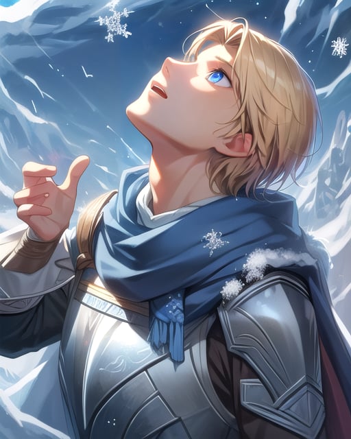 best quality, masterpiece, highres, detailed, digital artwork, <lora:Tools - add_detail:0.2>, SnowWonder,  <lora:Scene - SnowWonder:0.8>, excited, looking up, upper body, BREAK  WillKenrith, blonde hair, blue eyes, armor, cape, <lora:Character - WillKenrith:0.7>, 1boy, 