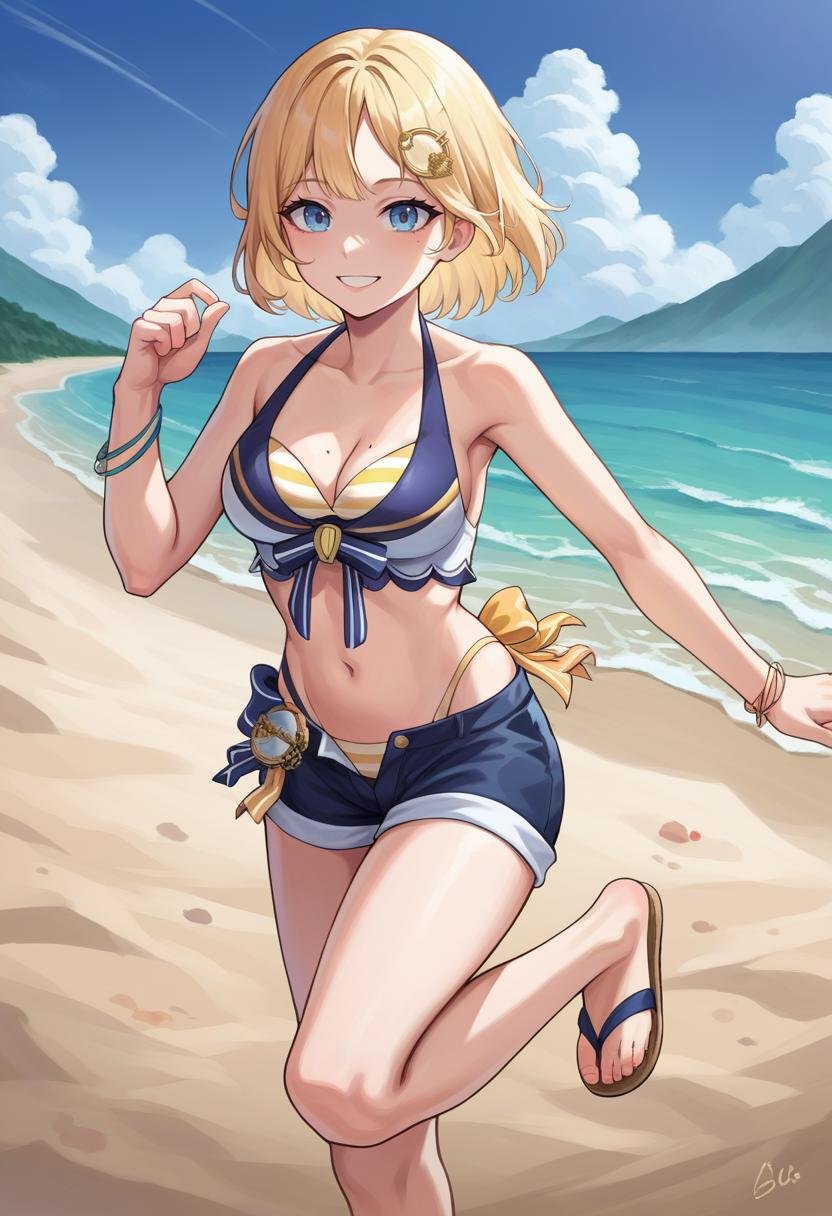 score_9, score_6_up, source_anime, beach, island, amelia_summer, bob cut, swimsuit, bikini, short shorts, monocle hair ornament, standing on one leg, smile, medium breasts, mole on breast, sandals<lora:watson_amelia_sdxl_pony-000009:0.8>