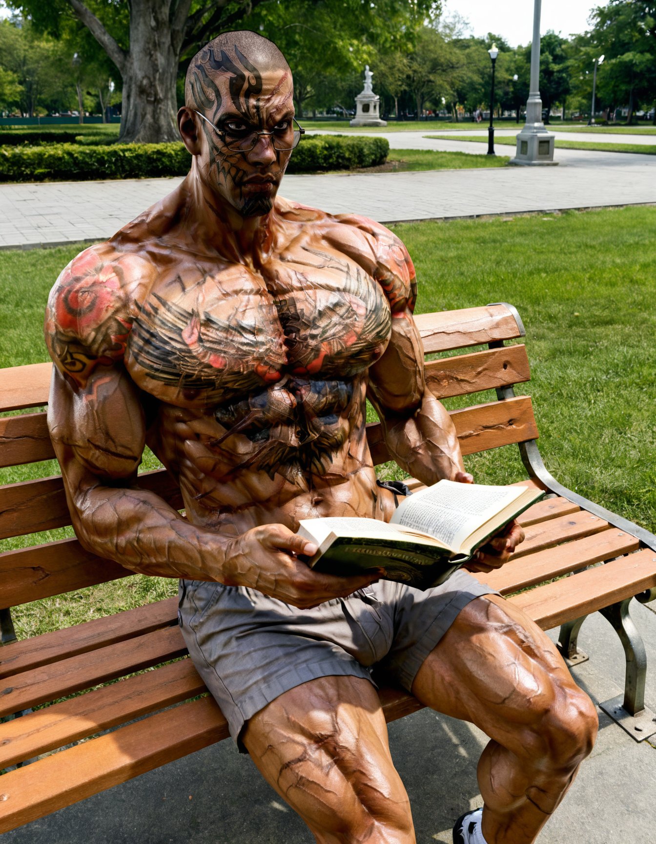 anatomically correct, solo, fahkumramsd, scar, tattoo, very dark skin, dark-skinned male, muscular, zPDXLxxx, sitting on park bench, reading book, glasses, topless male, shorts<lora:Fahkumram-T5kagALM:1>