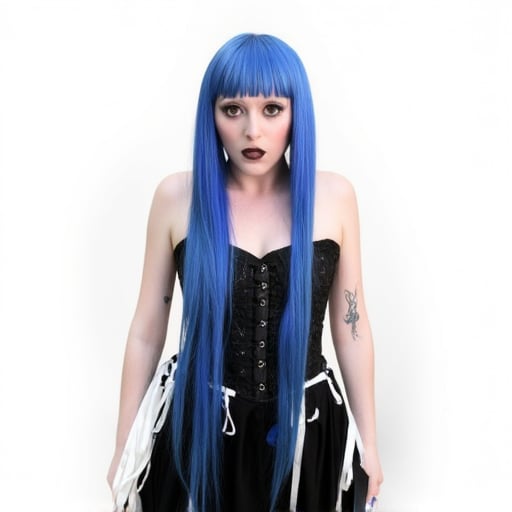 A woman, long blue hair, black corset, black skirt, makeup, white background