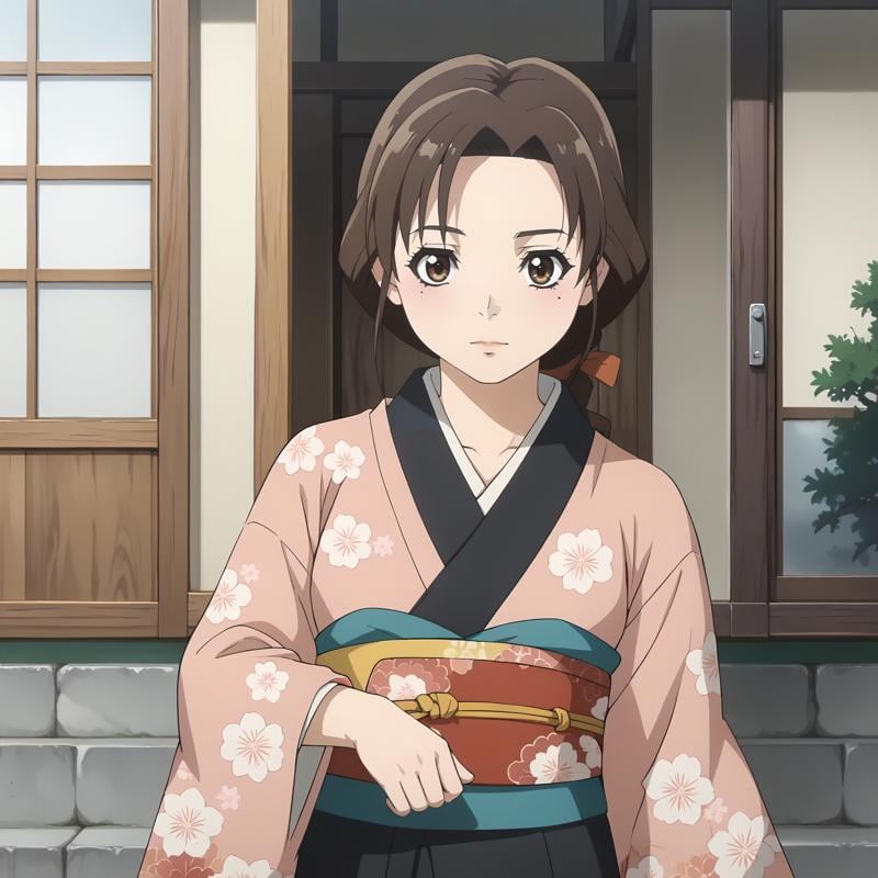 <lora:ISep4_TamakiMitamuraXLpony001>,looking at viewer,solo,TamakiMitamura,1girl,brown hair,braided ponytail,hair ribbon,brown eyes,mole under eye,outdoors,print_kimono,