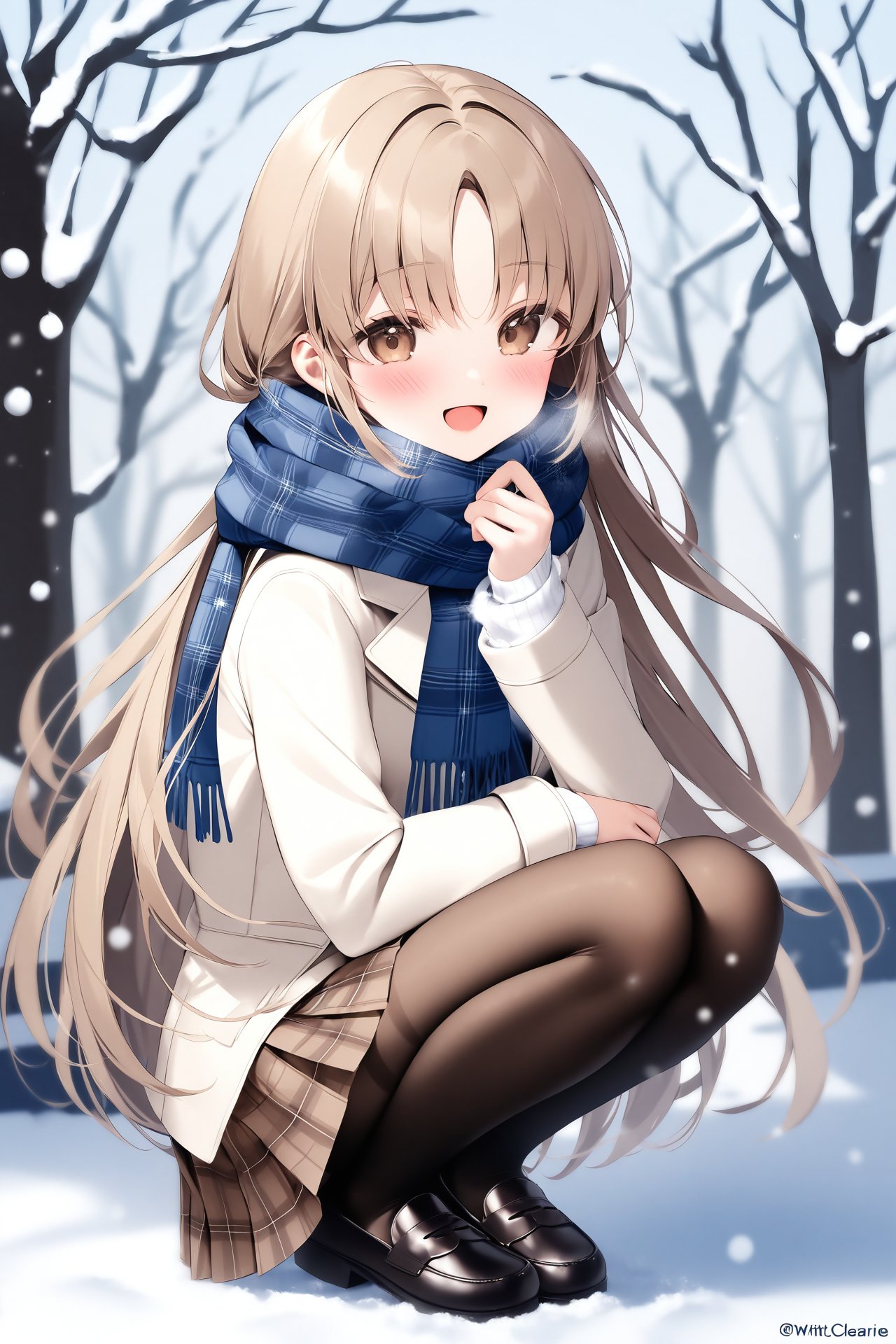 masterpiece,best quality,1girl,solo,pantyhose,long hair,skirt,plaid,scarf,outdoors,squatting,brown eyes,blush,blue scarf,tree,plaid skirt,smile,shoes,bare tree,looking at viewer,bangs,long sleeves,black pantyhose,snow,open mouth,brown skirt,parted bangs,christmas tree,loafers,brown footwear,pleated skirt,winter,light brown hair,virtual youtuber,very long hair,:d,coat,jacket,black footwear,snowing,white coat,sister cleaire,full body,plaid scarf,brown hair,twitter username,blurry,