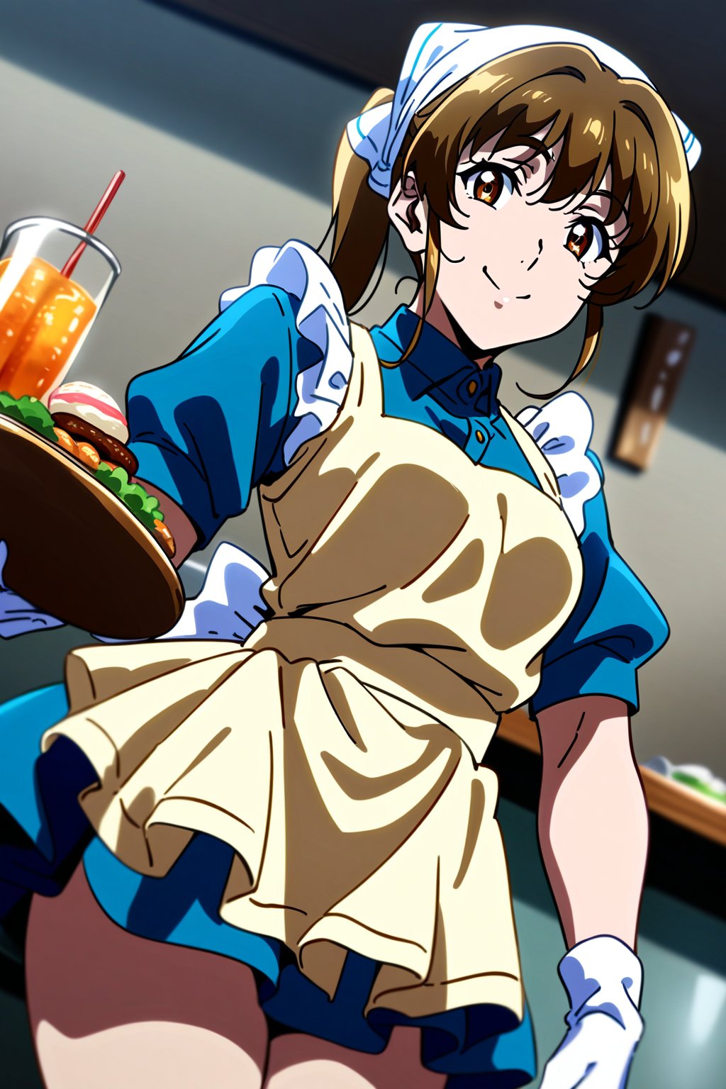 cowboy shot, sunohara shizuka, 1girl, sidelocks, brown eyes, (twintails), smile, apron, blue shirt, blue skirt, frilled apron, frills, gloves, head scarf, shirt, short sleeves, skirt, uniform, waist apron, waitress, white apron, white gloves, food, tray, food tray, indoors, restaurant, looking at viewer, dutch angle, cowboy shot, vibrant lighting, high contrast, dramatic shadows, highly detailed, detailed skin, depth of field, masterpiece, best quality, expressive eyes, perfect face, perfect body, beautiful girl, cute girl, <lora:sunohara shizuka anim 2:1>