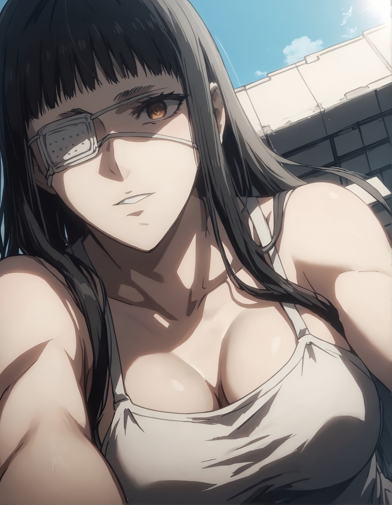 score_9, score_8_up, score_7_up,score_6_up,high resolution,source_anime,s0fiavalm3t,1girl,eyepatch,black hair,long hair,,on a rooftop,volumetric lighting,rim lighting,dof,dramatic shadow,close-up,dynamic pose,looking at viewer,pov,laying down