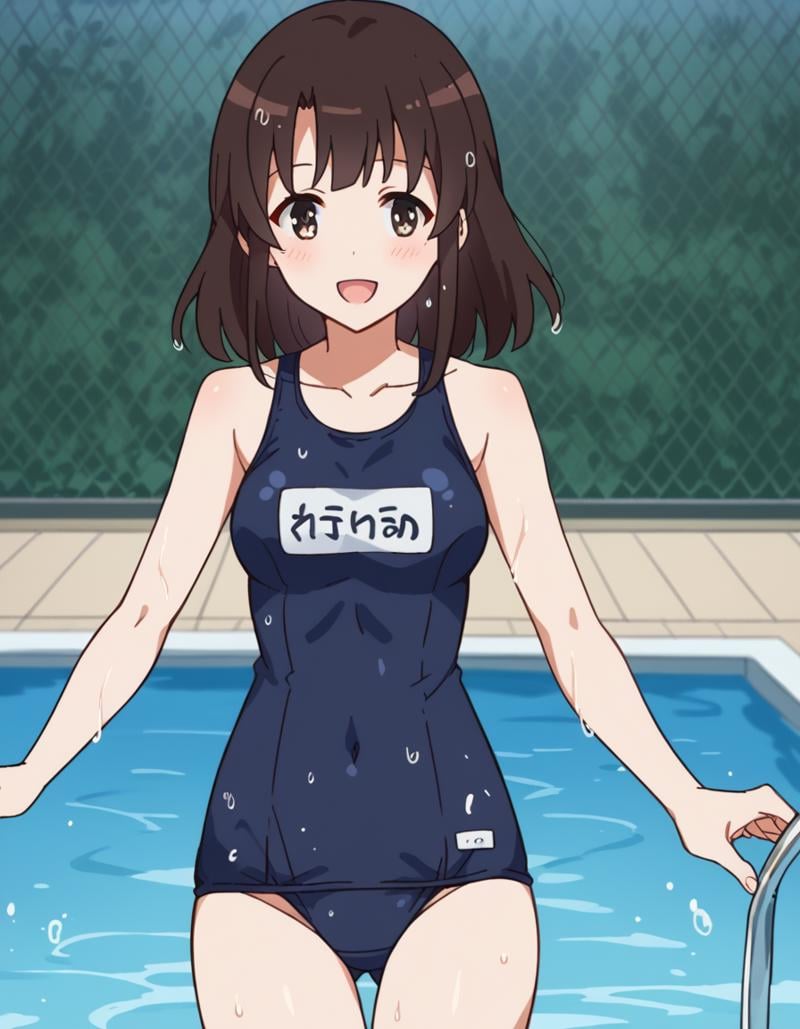 score_9, score_8_up, score_7_up, source_anime, <lora:megumi-katou-s2-ponyxl-lora-nochekaiser:1>, megumi katou, brown hair, brown eyes, medium breasts,, <lora:old-school-swimsuit-ponyxl-lora-nochekaiser:1>, old school swimsuit, school swimsuit, blue one-piece swimsuit, one-piece swimsuit, name tag, swimsuit, covered navel, wet swimsuit, collarbone,, poolside, pool, splashing, smile, open mouth, blush,, , cowboy shot, dutch angle