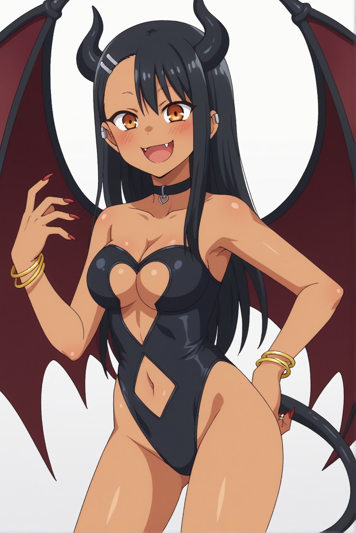 <lora:Hayacchi:0.7>, white background, Hayacchi, 1girl, solo, breasts, smile, open_mouth, navel, cleavage, jewelry, bare_shoulders, tail, horns, wings, sleeveless, choker, nail_polish, leotard, bracelet, fingernails, clothing_cutout, fangs, piercing, demon_girl, demon_horns, shaded_face, red_nails, demon_wings, halloween, long_fingernails, sharp_fingernails, bangle, halloween_costume, navel_cutout, evil_smile, heart_cutout, earclip