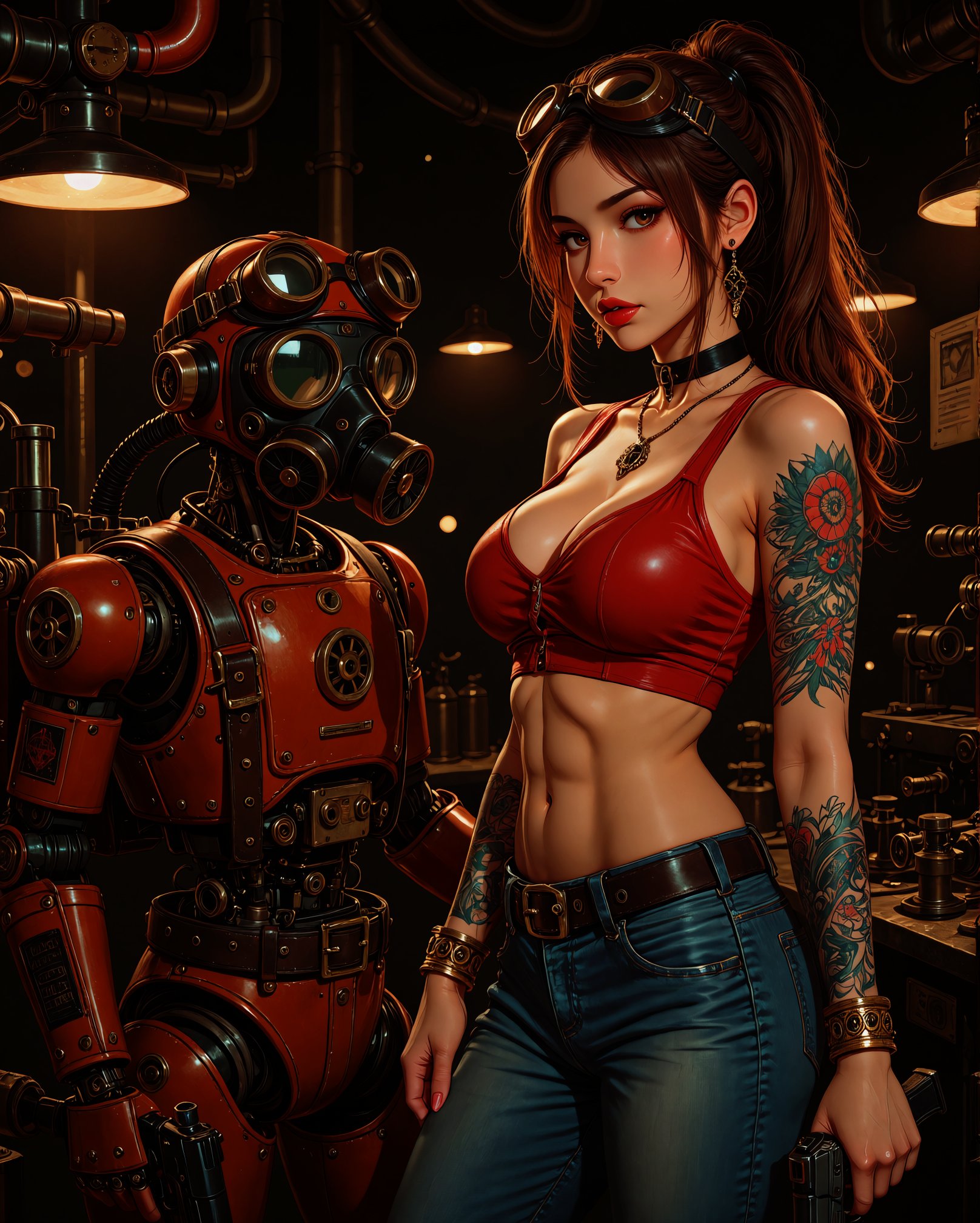 A photo-realistic shoot from the side about a woman in a steampunk-inspired setting,  wearing a red crop top and jeans,  s...