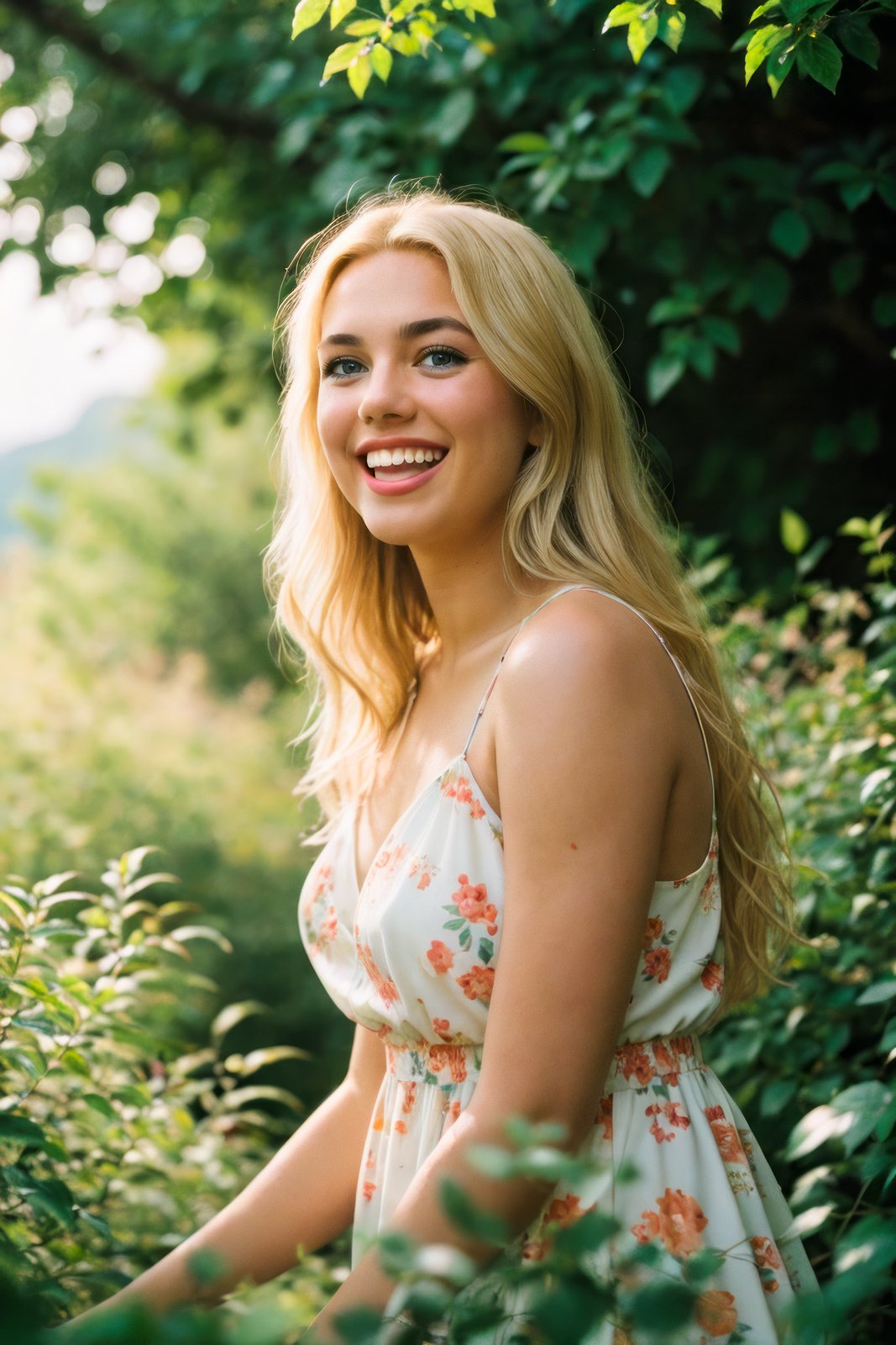 candid photo of a young woman wearing a floral sun dress, (full body), (CyberGirl_V04:0.99), yelling screaming smiling happy, blonde hair, looking at camera, outdoors, (blush:0.5), (goosebumps:0.5), subsurface scattering, photorealistic, hyperrealistic, hyperdetailed, analog style, soft lighting, subsurface scattering, realistic, heavy shadow, masterpiece, best quality, ultra realistic, 8k, golden ratio, Intricate, high Detail, film photography, soft focus 