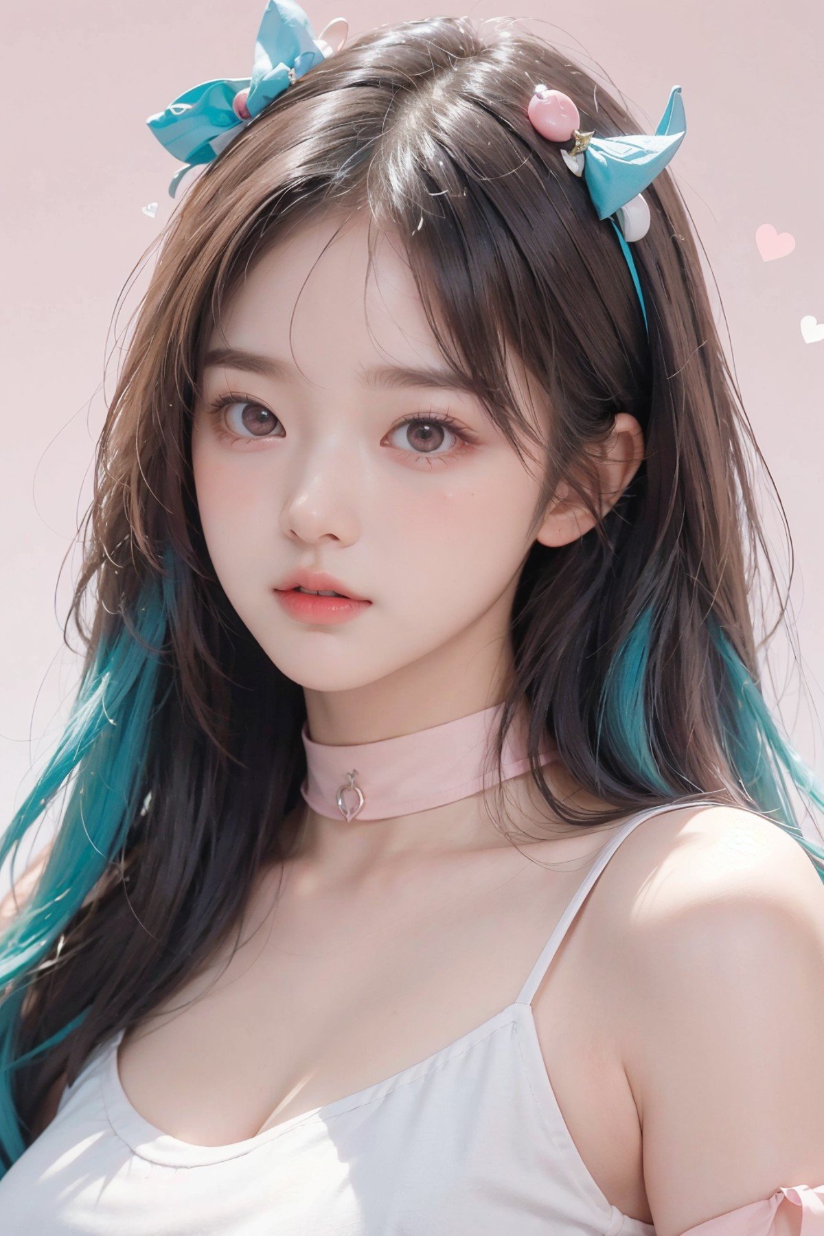 medium breasts, (curvy), cute, eyelashes,  pastel,1girl, solo, long hair, looking at viewer, blush, simple background, shirt, hair ornament, collarbone, upper body, heart, parted lips, choker, star (symbol), symbol-shaped pupils, aqua hair, heart-shaped pupils, pink background, pink shirt, star hair ornament, multicolored eyes, food-themed hair ornament, colorful, multicolored shirt, pastel colors,