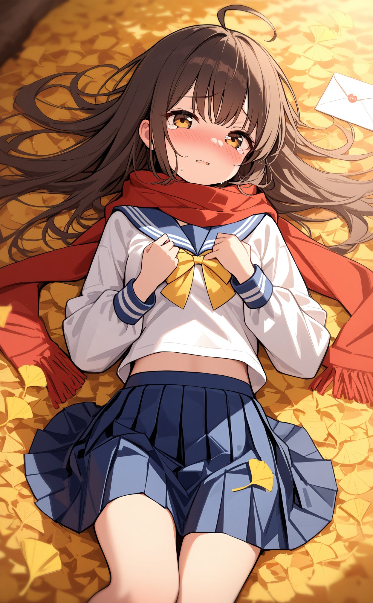 (masterpiece),(best quality),illustration,ultra detailed,hdr,Depth of field,(colorful),loli,1girl,solo,school uniform,skirt,scarf,lying,serafuku,on back,long sleeves,autumn,blue skirt,looking at viewer,sailor collar,bow,brown eyes,long hair,tears,autumn leaves,bangs,blue sailor collar,shirt,parted lips,pleated skirt,white shirt,envelope,ahoge,blurry,red scarf,black hair,crying,leaf,letter,crying with eyes open,yellow bow,outdoors,brown hair,bowtie,ginkgo leaf,from above,tearing up,blush