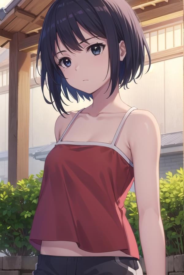 keikosanjou, <lora:keiko sanjou s1-lora-nochekaiser:1>,keiko sanjou, short hair, black hair, (black eyes:1.5),BREAK shorts, black shorts, camisole, bare shoulders, collarbone, (red camisole:1.5),BREAK outdoors, shrine,BREAK looking at viewer, (cowboy shot:1.5),BREAK <lyco:GoodHands-beta2:1>, (masterpiece:1.2), best quality, high resolution, unity 8k wallpaper, (illustration:0.8), (beautiful detailed eyes:1.6), extremely detailed face, perfect lighting, extremely detailed CG, (perfect hands, perfect anatomy),