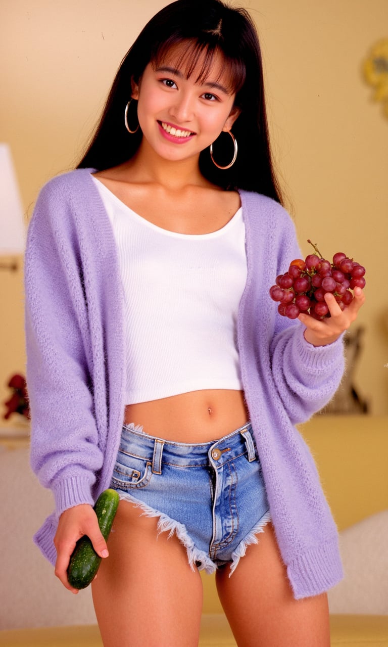 Japanese color film photograph of a young Asian woman with long,  straight dark brown hair,  large hoop earrings by user_z...