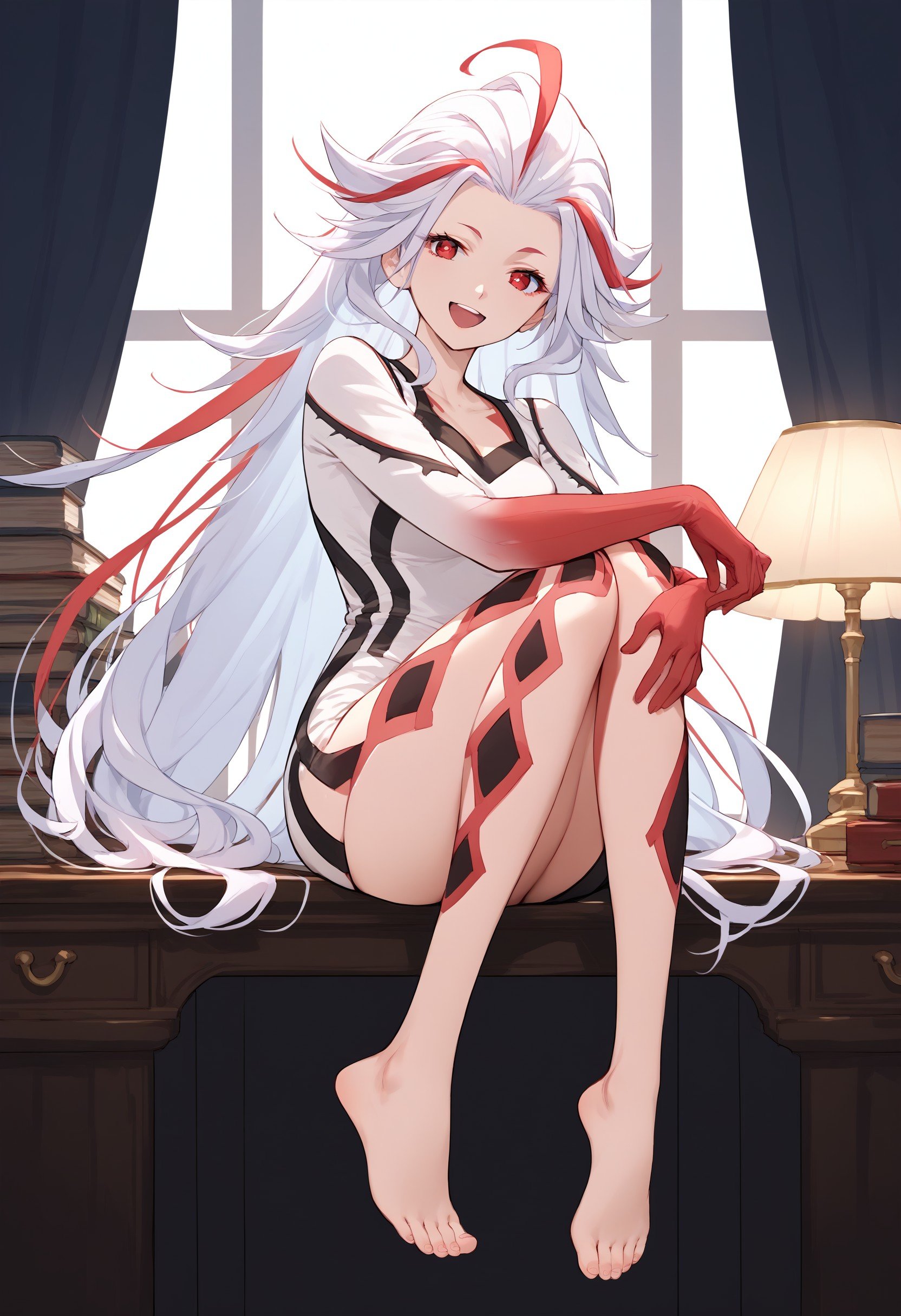 score_9, score_8_up, score_7_up, score_6_up, score_5_up, score_4_up, source_anime, BREAK, tsfaiba, 1girl, solo, alone, long white hair, very long hair, streaked hair, red eyes, white outfit, red arms, bare legs, barefoot, leg tattoo, hugging own leg, sitting on a desk, full body, smile, open mouth, looking at viewer, indoors, office, desk, lamp, <lora:4d3f1b96-6739-4dc1-b9cc-024f86522cea:1.0>