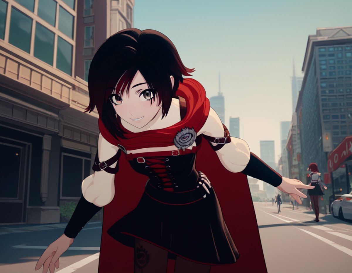 score_9, score_8_up, score_7_up, source_anime, <lora:ruby-rose-ponyxl-lora-nochekaiser:1>, ruby rose, short hair, black hair, red hair, grey eyes,, dress, pantyhose, cape, corset, belt,, cityscape, street, bent over, smile, looking at viewer, solo, cowboy shot, dutch angle