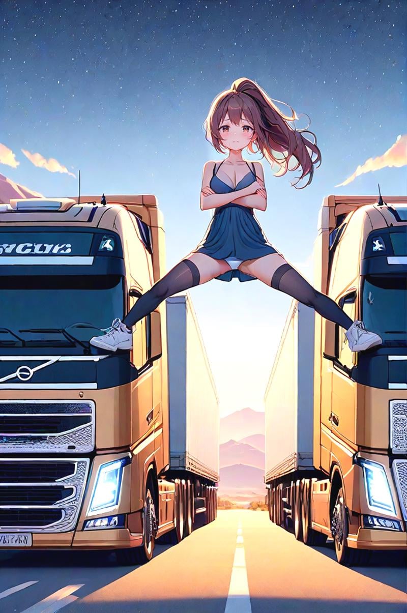 source_anime, score_9, score_8_up, score_7_up, score_6_up, score_5_up, score_4_up, wide shot, pantyshot, big truck, golden truck, epic split, split, crossed arms, spread legs, outstretched leg, sky, wind, volvo, desert road, center line, distant sierra, vanishing point, headlight, closed mouth, night, starry sky, solo, 1girl, cute, looking at viewer, brown hair, absurdly long hair, ponytail, hi-lo dress, panties, black thighhighs, sneakers, sweat, cleavage, shy, blush, slim figure, <lora:girllikeepicsplit_pony:1>