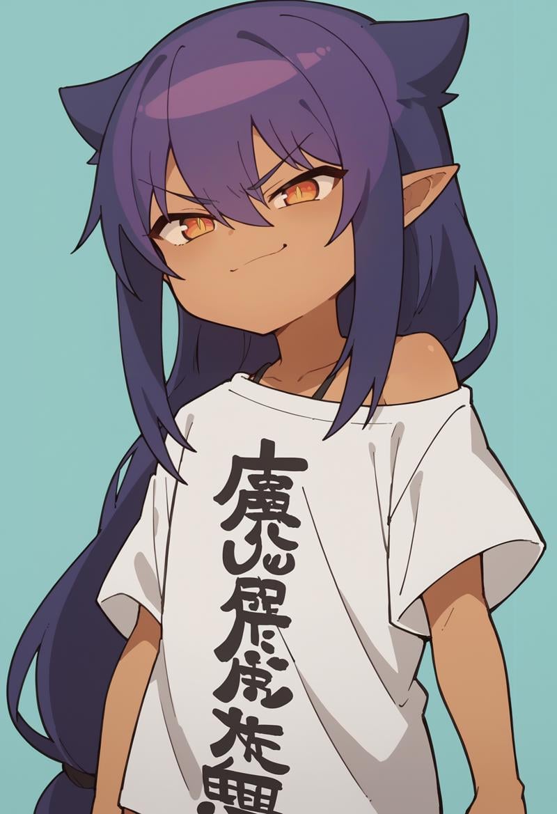 score_9, score_8_up, score_8, source_anime, 1girl, <lora:Jahy:0.8> solo, chibi, dark skin, dark-skinned female, long hair, hair between eyes, purple hair, pointy ears, shirt, white shirt, clothes writing, oversized clothes, smug, smirk,light blue background, simple background,