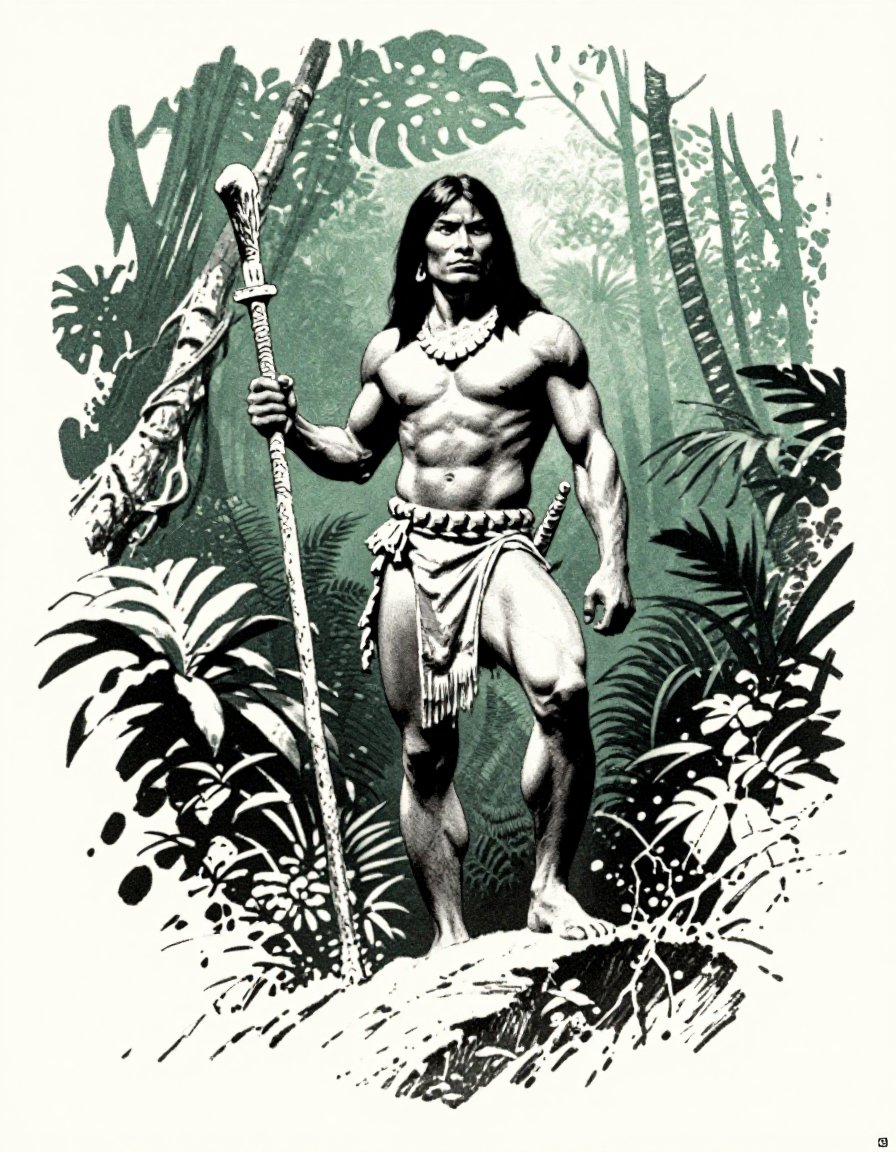 z_frazetta_ink,  tribal chieftain standing on a rock,  holding a staff by inknoir on Tensor.Art